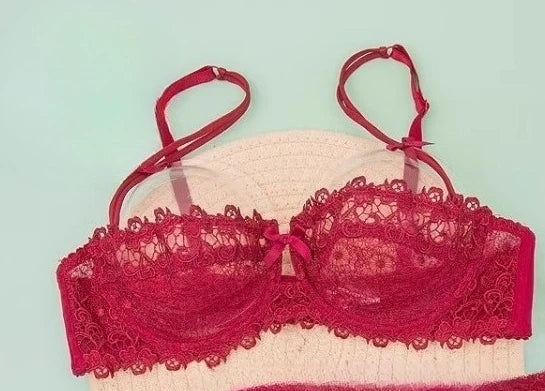 Sexy Lace Bra Set for Women Plus Size Half Cup Sheer Ultra Thin Nipple Concealed Erotic Lingerie Push Up Comfort Underwear Set