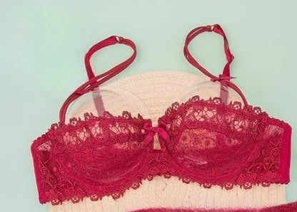 Sexy Lace Bra Set for Women Plus Size Half Cup Sheer Ultra Thin Nipple Concealed Erotic Lingerie Push Up Comfort Underwear Set