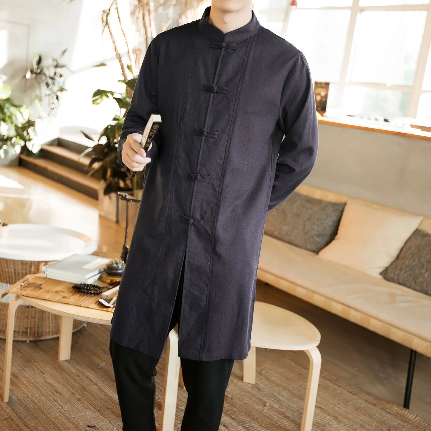 Autumn Cotton Linen Stand Collar Traditional Chinese Men's irt Middle Length Button Decorated Casual Wear Youth Tang Suit