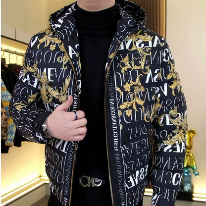 Eur Style Winter New Men's Woven Print Hooded Zipper down Jacket Fashion Slim Fit Men's Personality Top Youth  Style
