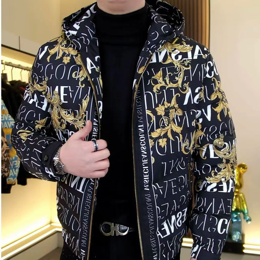 Eur Style Winter New Men's Woven Print Hooded Zipper down Jacket Fashion Slim Fit Men's Personality Top Youth  Style