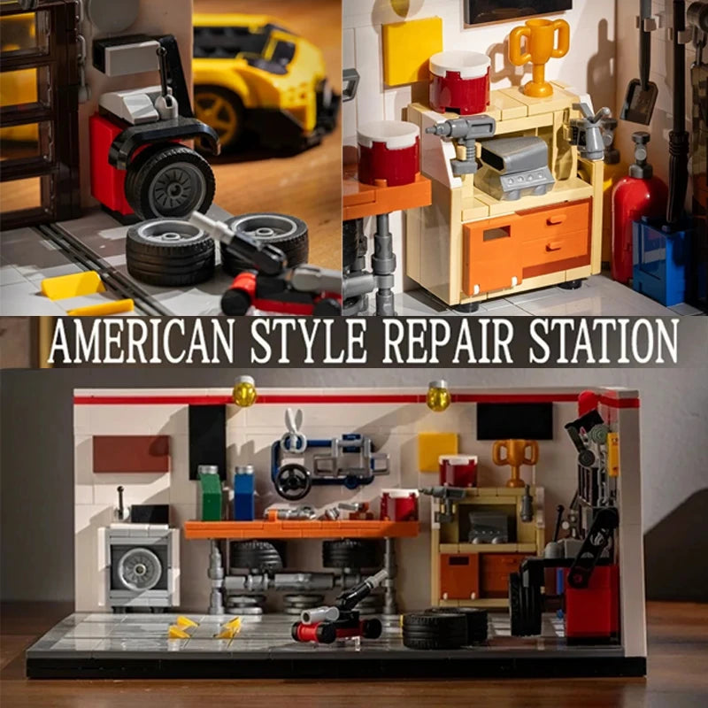 532PCS MOC City Speed Race Car Retro Garage Scene Building Blocks Car Repair Workshop with Lifting Platform DIY Toy Holiday Gift
