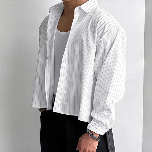 New British Retro Men Striped Shirts Trendy Loose Lapel Long Sleeve Cardigan Tops Autumn Leisure High Quality Basic Blouse S-2XL