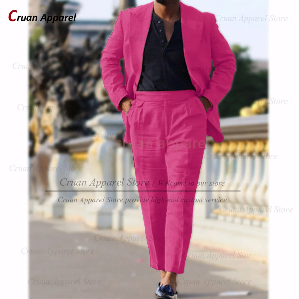 Classic Summer Linen Suit Sets For Men Smart Casual Blazer And Pants 2 Pieces Formal Evening  Fashion Slim Fit Suit Attire
