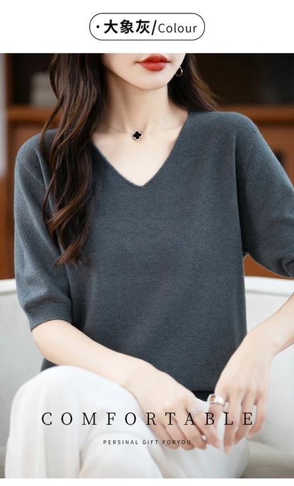 Thin Worsted Wool Short-Sleeved Women's Loose Round Neck T-shirt Printed Summer Fashion Knitted Bottoming Shirt Half-Sleeved