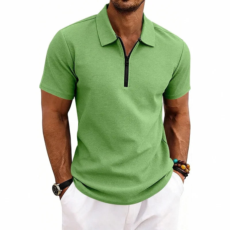 Men's Zip Polo Shirt Short Sleeve Waffle Textured Casual Top 2026