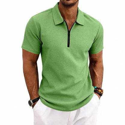 Men's Zip Polo Shirt Short Sleeve Waffle Textured Casual Top 2026