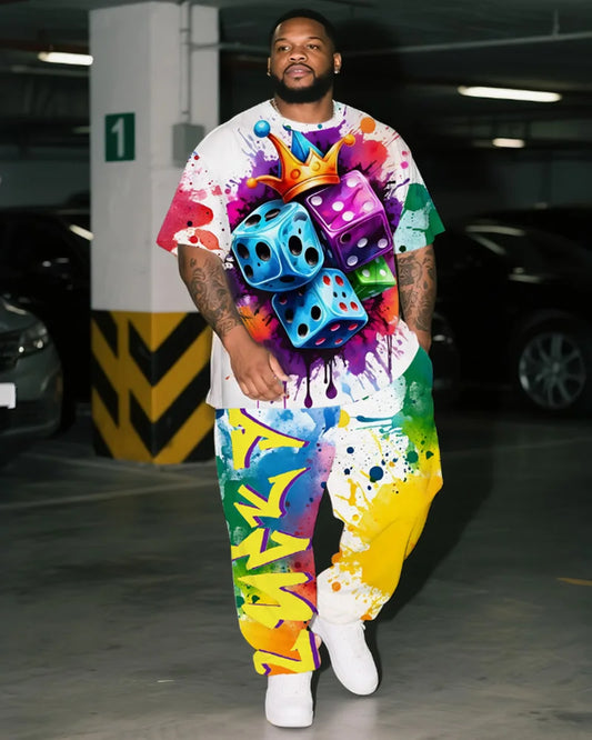 9XL Plus Size Men's Hip Hop Graffiti Lucky Sieve Graphic T-Shirt & Pants Set - Soft Breathable Streetwear Outfit