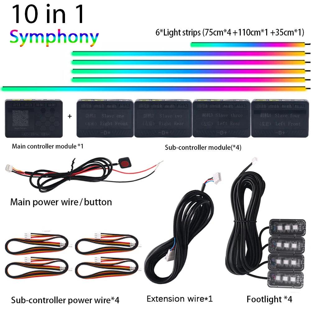 18 in 1 Dual Zone Symphony LED Car Ambient Lights RGB 64 Colors Interior Rainbow Acrylic Strip Neon Atmosphere Lighting Kit App