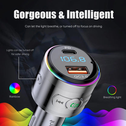 LENCENT Bluetooth 5.3 FM Transmitter Full Metal Bluetooth Car Adapter with PD 20W & QC3.0 Fast Charger Hi-Fi Music Adapter