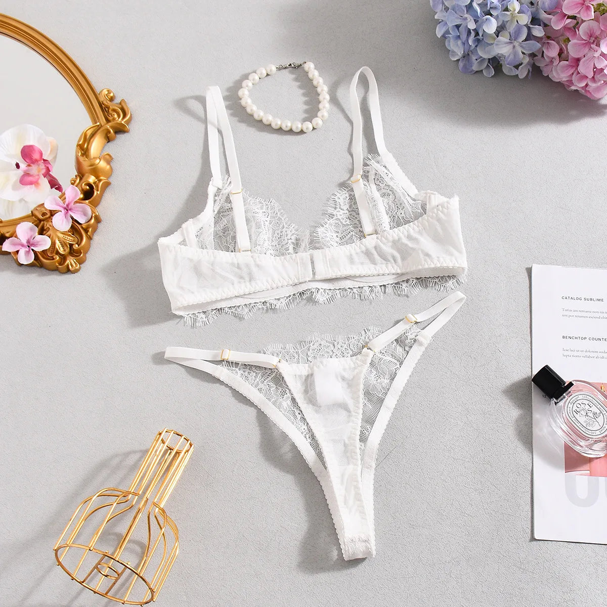 Ellolace Solid Lingeries Sexy Hot Elegant Bra Belt Thong 3PC with Leg Circles Cute Intimate Seductive Lace Tempted Underwear