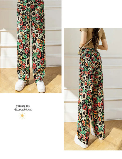 Summer Casual Loose Wide Leg Pants Women's Tie Dye Ink Ice Silk Loose Leopard Print Ethnic Style Long Pants Casual Trousers