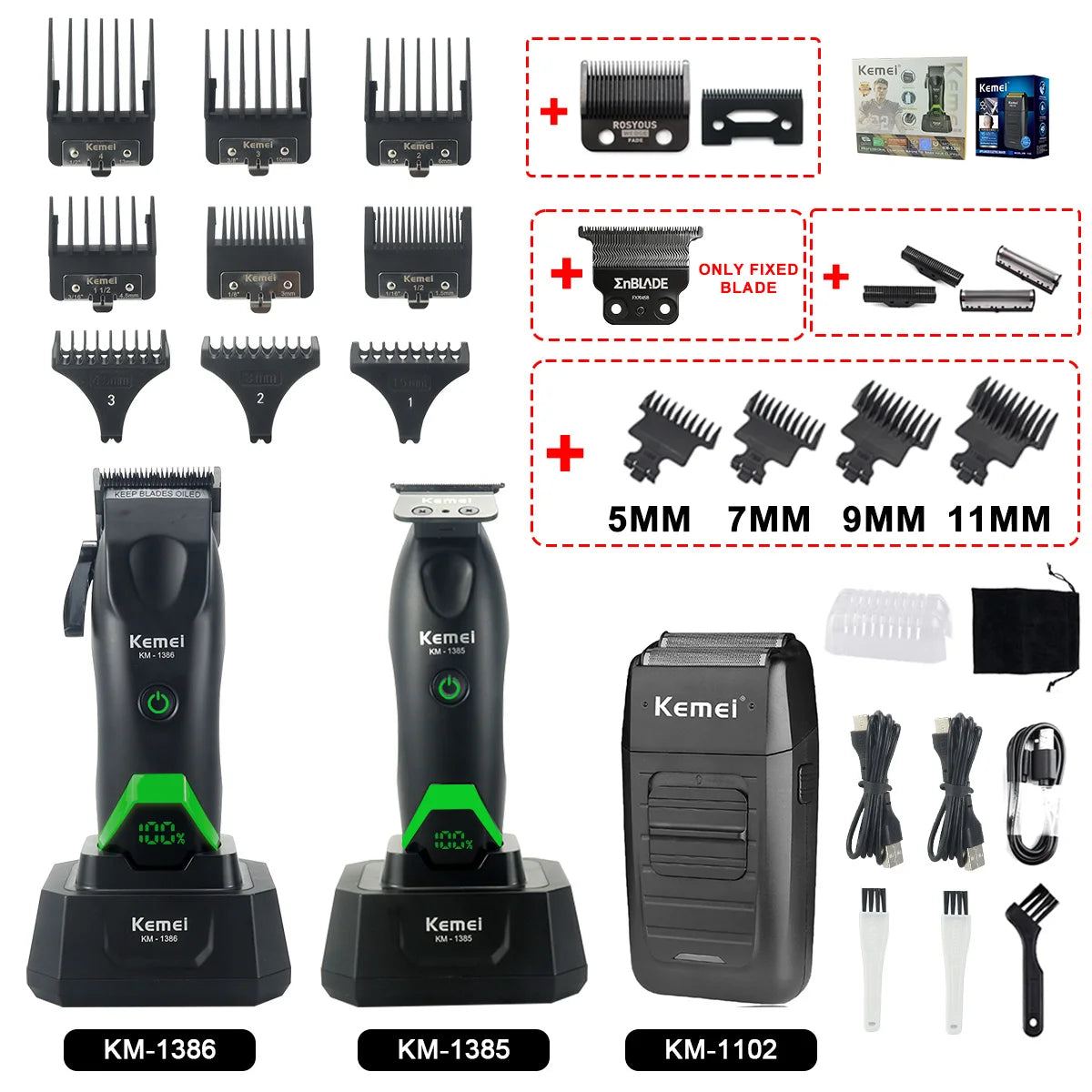 Kemei 1386 Men's Hair Clipper 8000RPM DLC Blade with Base Charger LED Display 2000mAh Professional Hair Cutting Machine Trimmer