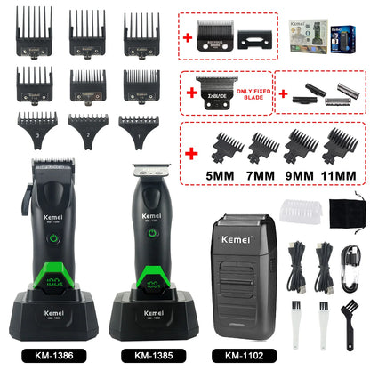 Kemei 1386 Men's Hair Clipper 8000RPM DLC Blade with Base Charger LED Display 2000mAh Professional Hair Cutting Machine Trimmer