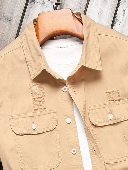 Men's Khaki Ripped Long - Sleeve Shirt for Summer, Trendy Street Style
