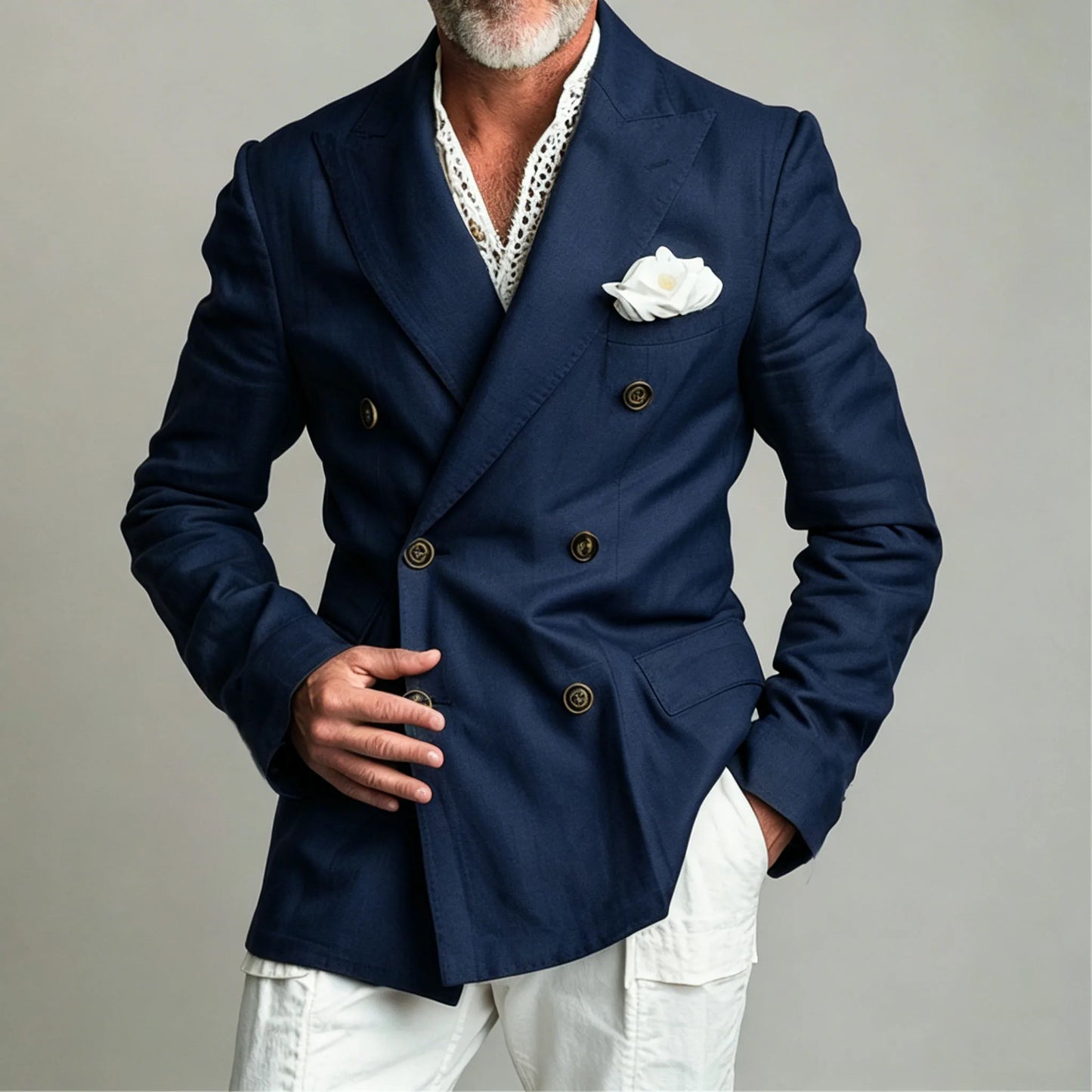 Men's Linen Blazer Jacket Summer Double Breasted Peak Lapel Slim Fit Lightweight Casual Linen Men Sport Coat For Gentlemen