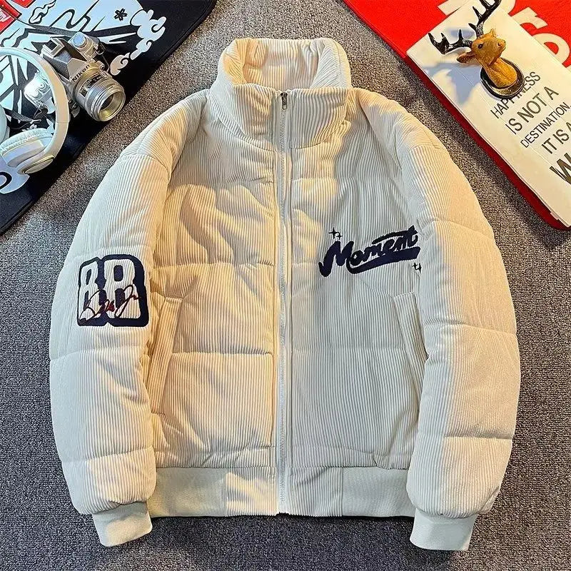 Retro American High Street Embroidered Corduroy Winter Jacket Loose Bread Style for Couples Cotton Clothes Youth Fashion