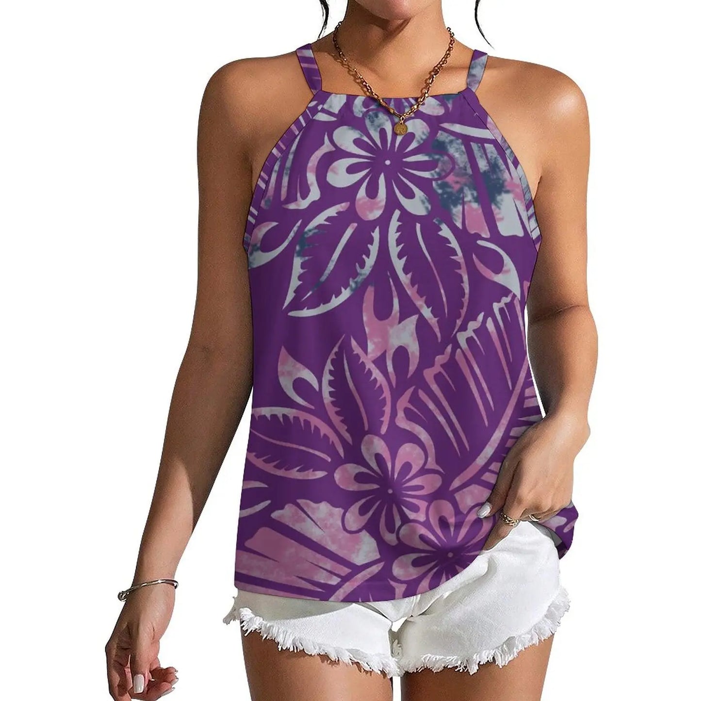 Custom Wholesale Women Summer Halter Everyday Casual Wear Polynesian Style Fiji Island Print Custom Design Strapper Vest
