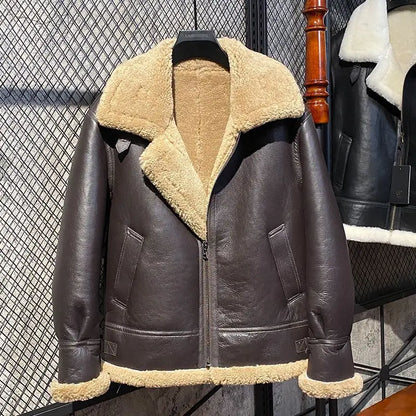 Designer Clothes Men Genuine Leather Coat Natural Sheepskin Shearling Jacket for Male Pilot Outfit Wool Liner Brown 60 62 64 66