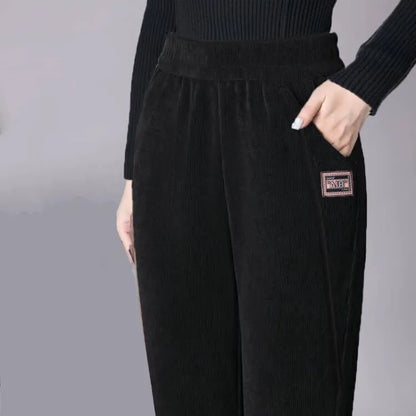 High Waist Thickened Fleece Women's Pants Autumn Winter Casual Loose Mom Pants Harlan Style Pocket Detail Elastic Waist