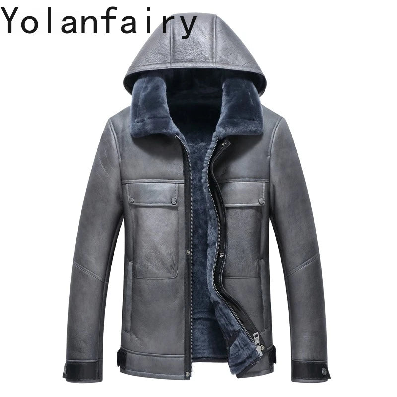 YOLANFAIRY Luxury 2025 Winter Natural Fur Coat Man Real Sheepskin Leather Jacket Men Detachable Hood Warm Wool Fur Coats Jackets