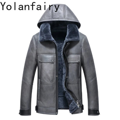 YOLANFAIRY Luxury 2025 Winter Natural Fur Coat Man Real Sheepskin Leather Jacket Men Detachable Hood Warm Wool Fur Coats Jackets