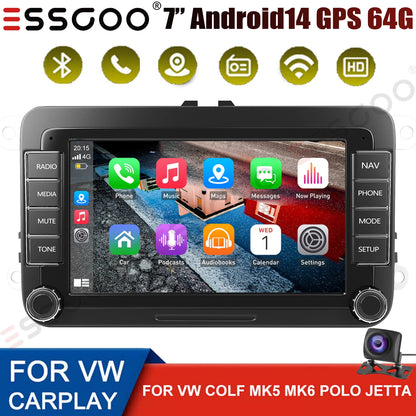 7" Car Stereo Android 14 For VW Volkswagen Jetta Passat Golf MK5 MK6 Apple Carplay GPS Navigation FM Radio WiFi SWC Head Unit BT