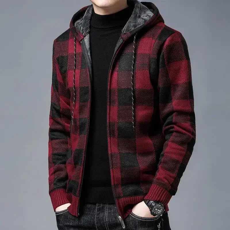 Knit Sweater Male Zipper Plaid Men's Clothing Cardigan Hoodies Zip-up Thick Winter Red Tops Jumpers Casual Stylish Hot Cheap A