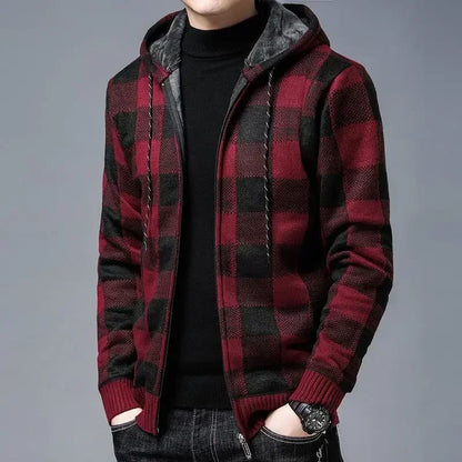 Knit Sweater Male Zipper Plaid Men's Clothing Cardigan Hoodies Zip-up Thick Winter Red Tops Jumpers Casual Stylish Hot Cheap A