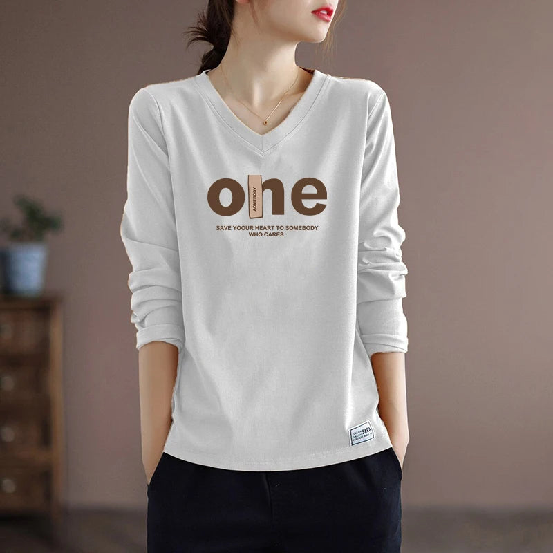 Pure Cotton Long Sleeve Women's T-shirt Autumn Season Versatile Base Layer Top Commute Style Loose Fit Regular Thickness