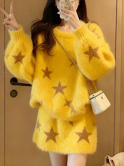 Fashionable Yellow Print Sweater High Waist Skirt Two Piece Set Slimming Effect Comfortable Fit Casual Winter Wear for Women
