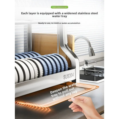 304 Stainless Steel Dish Storage Rack Kitchen Multifunctional Storage Dish Drain Rack Countertop Kitchen Accessories