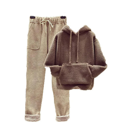 Thickened Lamb Velvet Set Women's Autumn Winter New Embroidery Sweatshirt Woolen Wide Leg Pants Two Piece Set Casual Style
