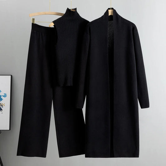 2026 Winter And Autumn Fashionable Elegant Women's Knitted 3-Piece Set cardigan Women's Sweater Women's Wide Leg Pants