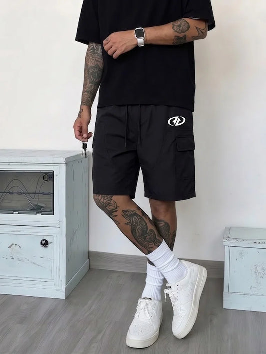 Men Black Logo Print Cargo Shorts, Drawstring Elastic Waist Loose Knee Length Pockets Summer Street Daily Sport Casual