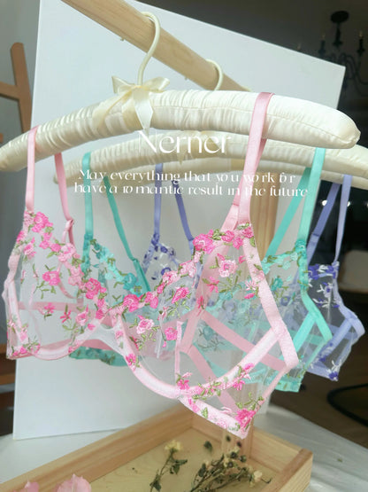 Sexy Floral Embroidery Mesh Bra Set Sweet Sheer Lace Lingerie Soft Comfort Breathable Underwear Suit Party Dating Daily Wear Bra