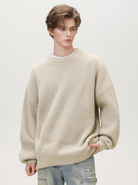 Men's 18oz Heavyweight Chunky Knit Sweater Basic Crew Neck Solid Color Textured Streetwear Winter Thermal Non-Scratch Top