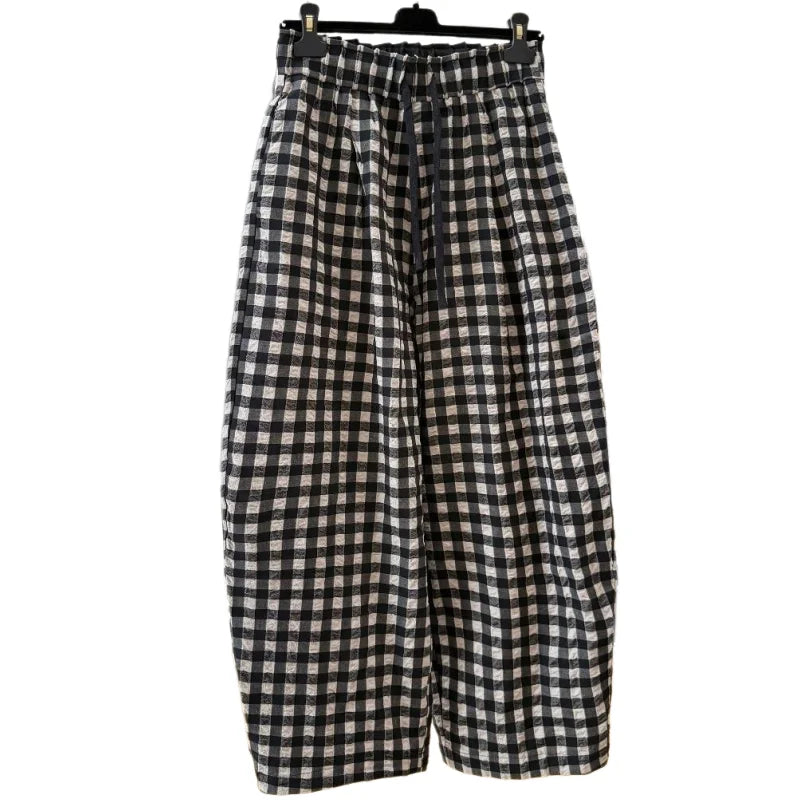 Women Korean Plaid Harem Pants Summer Linen Cotton Elastic Waist Cropped Pants High Grade Casual Loose Fashion Daily Trousers
