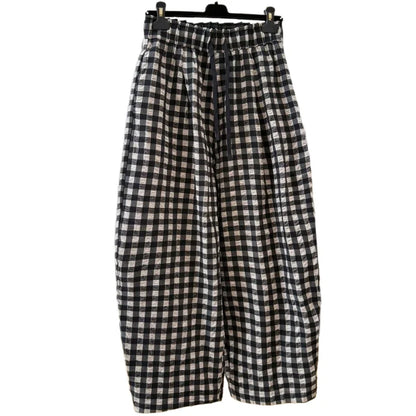 Women Korean Plaid Harem Pants Summer Linen Cotton Elastic Waist Cropped Pants High Grade Casual Loose Fashion Daily Trousers