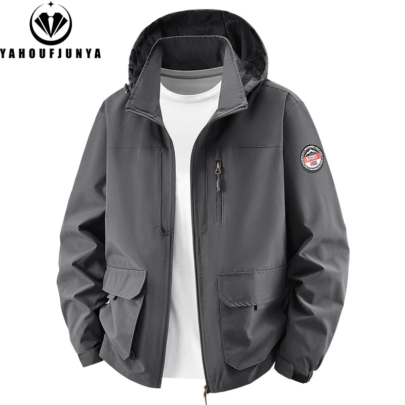 8XL Men Spring Outdoor Leisure Windbreak Removable Hooded Jacket Men Autumn Cargo Pocket Fashion Brand Jacket Coat Male Clothing