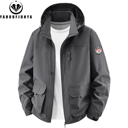 8XL Men Spring Outdoor Leisure Windbreak Removable Hooded Jacket Men Autumn Cargo Pocket Fashion Brand Jacket Coat Male Clothing
