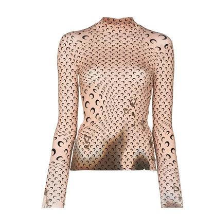 Moon Print Base Layer Shirt Long Sleeve Half High Collar Elastic T-Shirt Layering Trendy Top Inner Wear Autumn Winter for Women