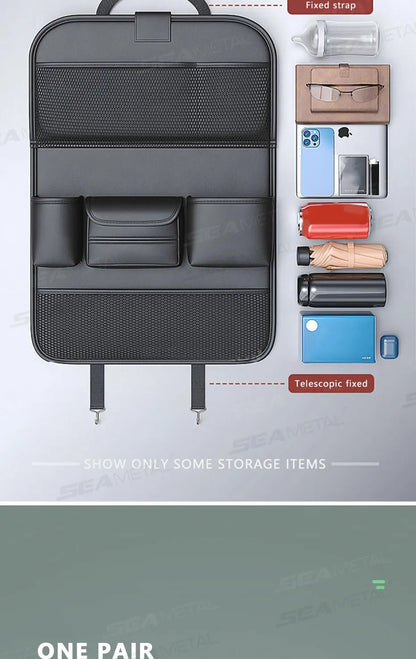 SEAMETAL Car Backseat Table Storage Bag Folding Table Trash Can Pu Leather Multi-functional Hanging Storage Bags Seat Back Tray