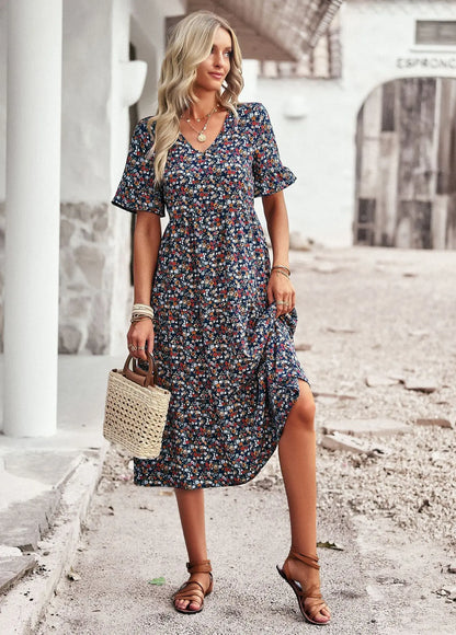 Msfilia Fashion V Neck Elegant Printed Dress Women Summer Short Sleeve High Waist A Line Floral Holiday Dresses