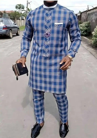 LIBIELIY Four Seasons Hot Selling Men's 2 Piece Sets Afirican Syle Ethinic Casual Blue Plaid Clothes And Pants Button Muslim Men