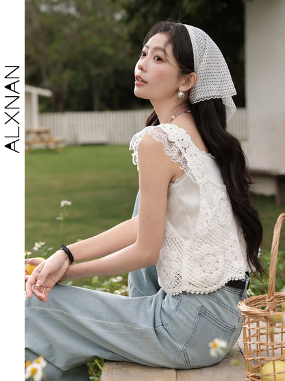 ALXNAN White Tank Tops 2026 Summer Elegant Cotton Women's Camisole Lace Fake Two-piece Design Chic Sleeveless Tops Ladies L53815