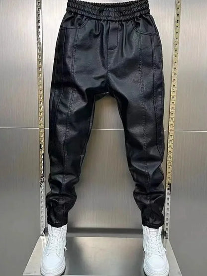 Men's Fleece Lined Thickened Leather Pants Motorcycle Delivery Rider Biker Trousers Warm Windproof Waterproof for Autumn Winter