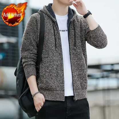 Knit Sweater Male Zipper Plaid Men's Clothing Cardigan Hoodies Zip-up Thick Winter Red Tops Jumpers Casual Stylish Hot Cheap A