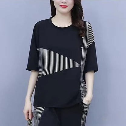 Summer New Style Women's Sporty Casual Short Sleeve TT Shirt Set Large Size Two-Piece Fashionable Korean Trendy Outfit