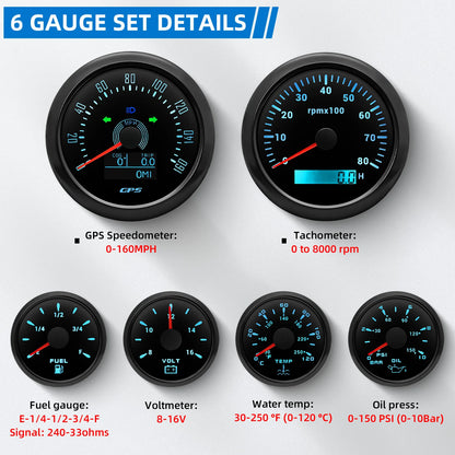 6 Gauge Kit 85mm GPS Speedometer 200KM/H Tachometer 8000RPM Fuel Level Water Temp 0-120℃ Oil Pressure Gauge 12V Voltage Meter